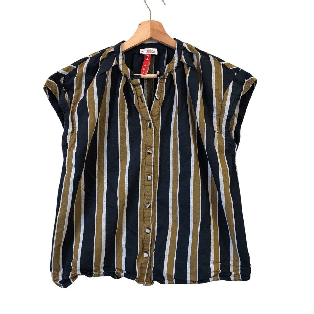 Never A Wallflower Womens XS Striped Button Down Blouse Navy Olive Green Boxy